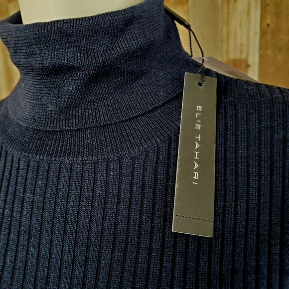 Elie Tahari M Turtleneck Sweater Maelee Navy Ribbed Pointelle Perforated Sleeves - Picture 4 of 5